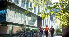 Students walking and talking outside