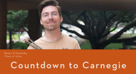 Photo of Reese with text "Countdown to Carnegie"