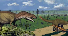 A painting of some of the dinosaurs and other prehistoric creatures that roamed the western U.S. during the Late Jurassic about 150 million years ago. Depicted from left to right: the Allosaurus, Apatosaurus, a herd of Diplodocus, two Camptosaurus, and an Eutretauranosuchus along the riverbank.