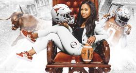A woman in a white suit holds a UT football helmet and football in a red armchair. Behind her are images of a longhorn bull, a UT football player, and the football stadium.