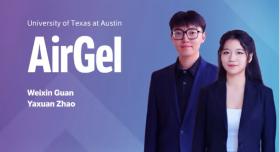 Against a blue background, text reads "University of Texas at Austin AirGel: Weixin Guan Yaxuan Zhao." Next to this text, a man in glasses and a blue suit stands next to a woman in a blue suit.