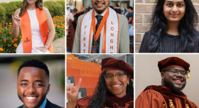 A 3x2 grid depicts headshots of students in graduation regalia.