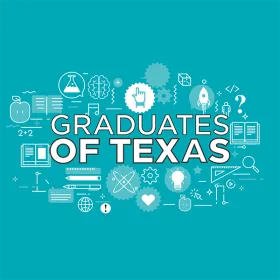 Graduates of Texas written out on blue background