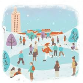 drawing of campus and winter