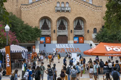 students outside during party on the plaza