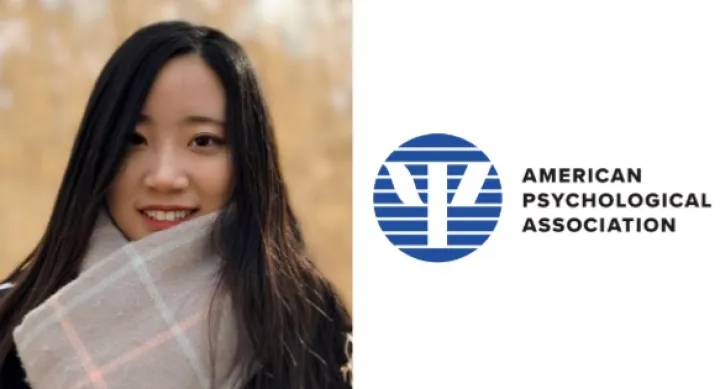 In the left-hand image, Zexi Zhou wears a large grey scarf with a square pattern and a black jacket in front of a blurred autumn background. In the right-hand image is a blue-and-white striped circular logo with a trident shape, and text reading "American Psychological Association," against a white background.