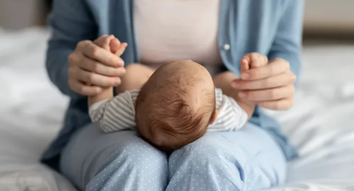 A baby lays in a woman's lap on a bed. The woman wears a blue cardigan and blue pants with white polka dots.