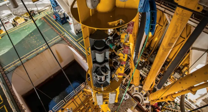 Sensors and observation instruments being lowered into a borehole off the coast of Japan nearly 1,500 feet below the seafloor during an International Ocean Discovery Program mission in 2016.