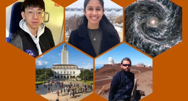 Five photos are displayed in hexagon frames against an orange background. Three of the hexagons are headshots of the students who are the new postdoctoral fellows at the Cosmic Frontier Center. The fourth photo is of a black hole, and the fifth is of the UT Tower.