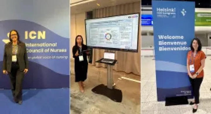 Three students wear lanyards and stand in front of banners for the International Council of Nurses Congress.