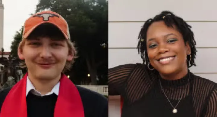 A man in a red convocation sash and an orange longhorn hat stands in front of the UT Tower. A woman in a black blouse and a gold necklace smiles in front of a white wall.