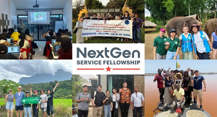Six images of student groups abroad surround the logo for the NextGen Service Fellowship.