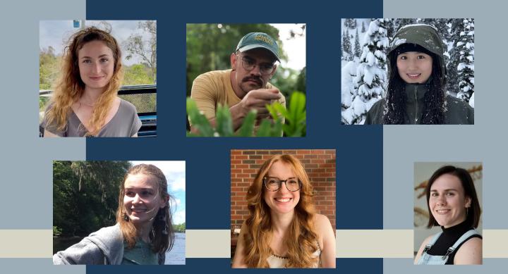 Six headshots are arranged against a blue background.