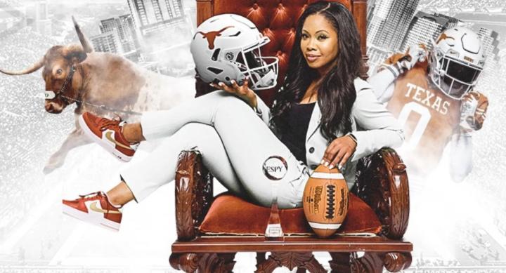 A woman in a white suit holds a UT football helmet and football in a red armchair. Behind her are images of a longhorn bull, a UT football player, and the football stadium.