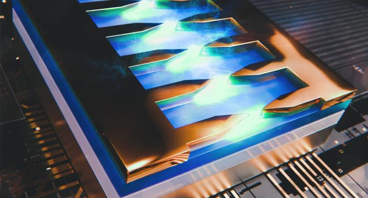 Image depicts a rectangular transistor inside of a computer.