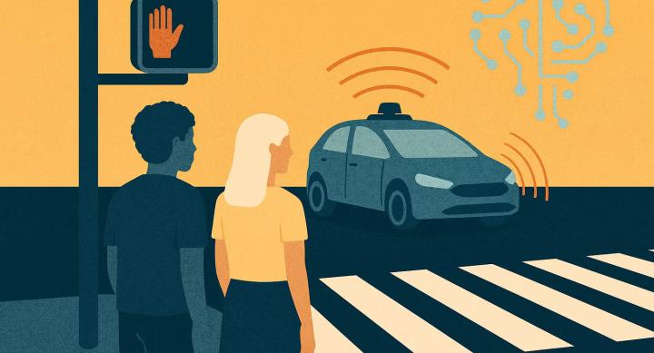 Two people stop at an intersection in front of a passing car.