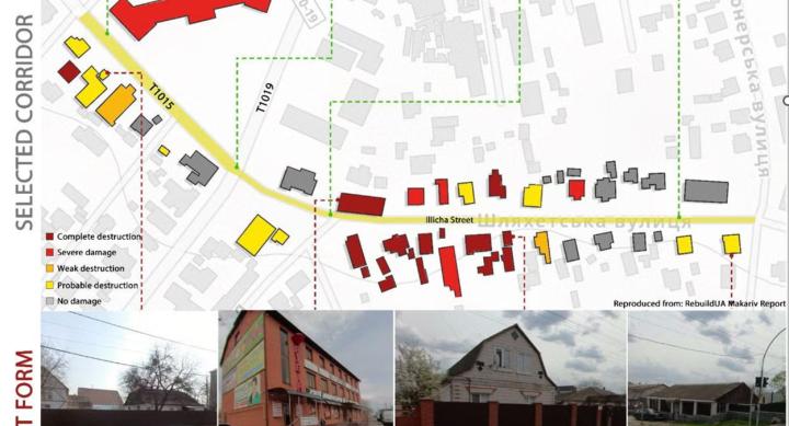 A photo spread depicts a map of a street in Ukraine, and photos of buildings.