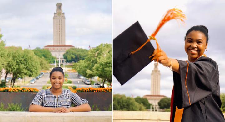 In side-by-side images, Merci Paulhill poses in front of the UT tower and holds out her graduation cap while in robes.