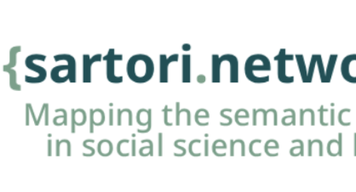 An abstract illustration. Image text reads: sartori.network. Mapping the semantic field in social science and law.