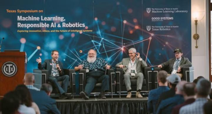 Four presenters sit on a stage for a panel in front of a banner for the Texas Symposium on Machine Learning, Responsible AI & Robotics.