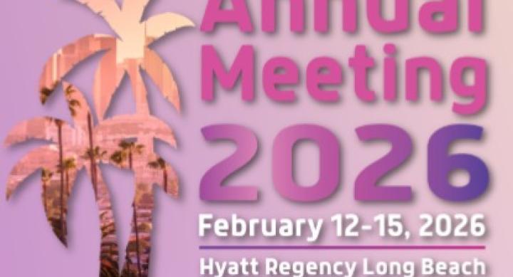 Two silhouettes of palm trees against a purple background. Image text reads: Annual Meeting 2026. February 12-15, 2026. Hyatt Regency Long Beach. Long Beach, CA - USA