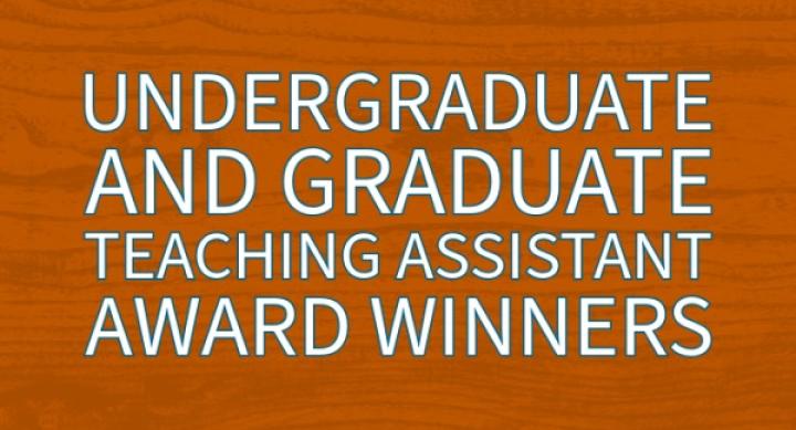 Against an orange background, onscreen text reads: Undergraduate and Graduate Teaching Assistant Award Winners.