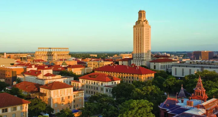 UT Austin campus and tower at sunset